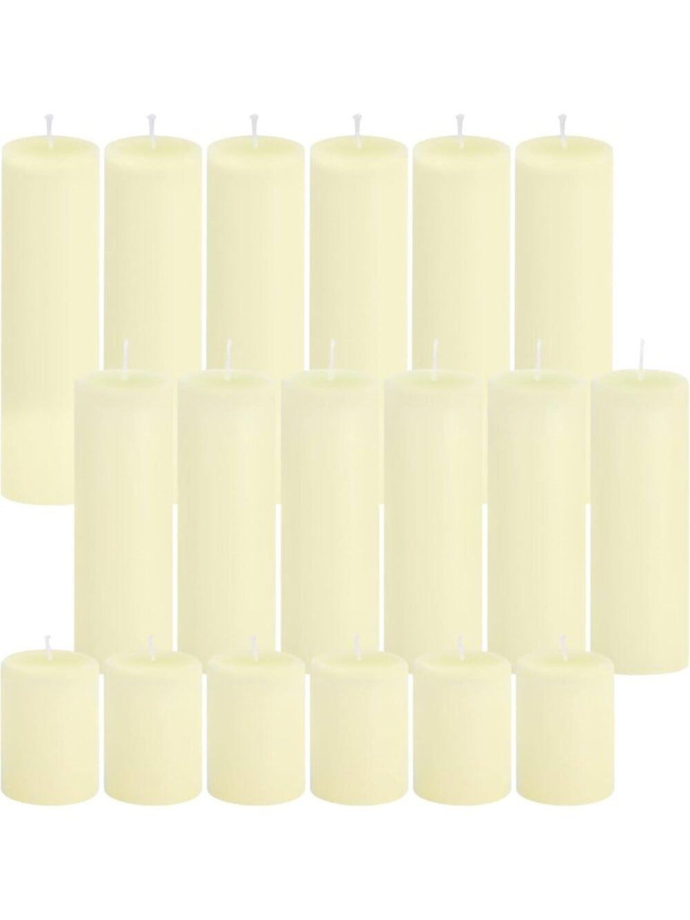 Bulk Set of 18 Ivory Pillar Candles - Dripless, Unscented, 3 Sizes for Events